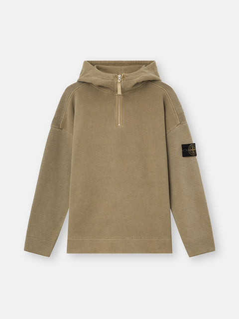 Stone Island - Military Green MIXED FABRIC IN MINERAL DYED REGENERATED COTTON Loose-fit hooded half-zip sweatshirt